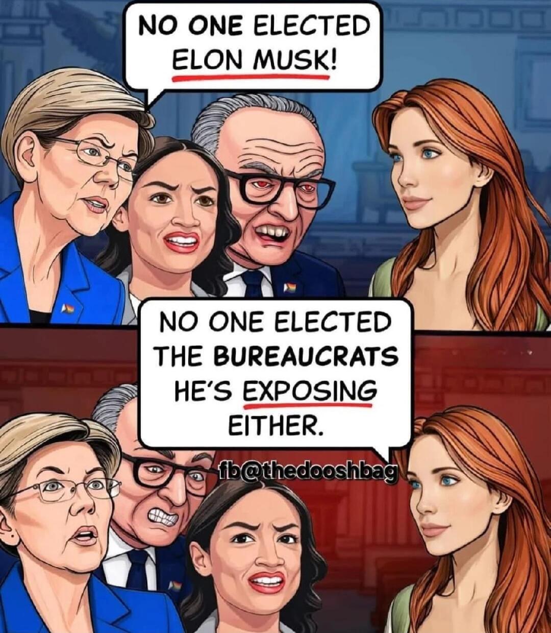 NO ONE ELECTED LON MUSK THE BUREAUCRATS HES EXPOSING EITHER