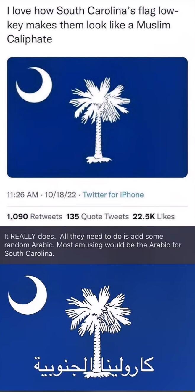 love how South Carolinas flag low key makes them look like a Muslim Caliphate 1126 AM 101822 Twitter for iPhone 1090 Retweets 135 Quote Tweets 225K Likes t REALLY does All they need to do is add some random Arabic Most amusing would be the Arabic for South Caroina