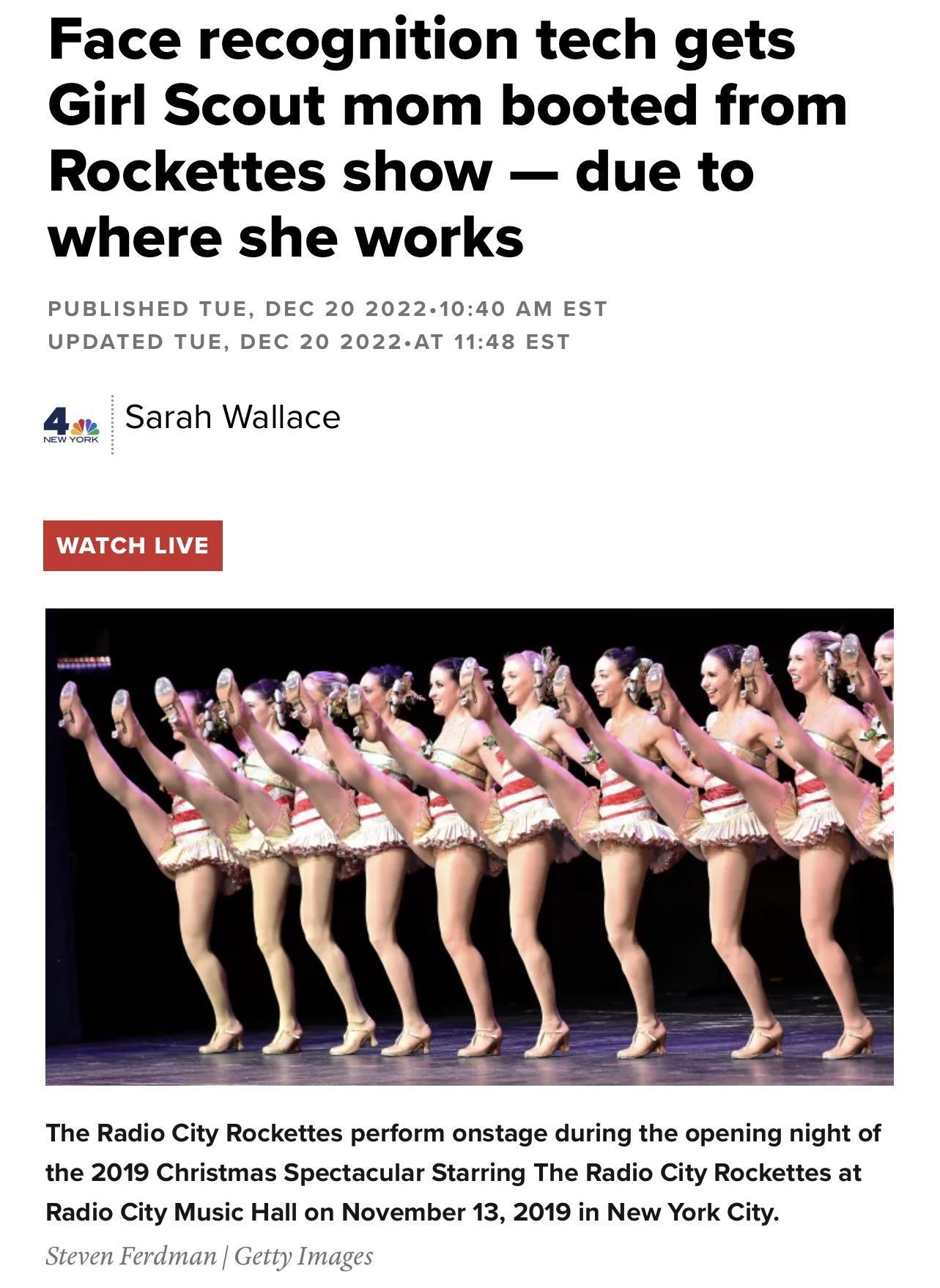 Face recognition tech gets Girl Scout mom booted from Rockettes show due to where she works ec oec 2 4 Sarah Wallace The Radio City Rockettes perform onstage during the opening night of the 2019 Christmas Spectacular Starring The Radio City Rockettes at Radio City Music Hall on November 13 2019 in New York City