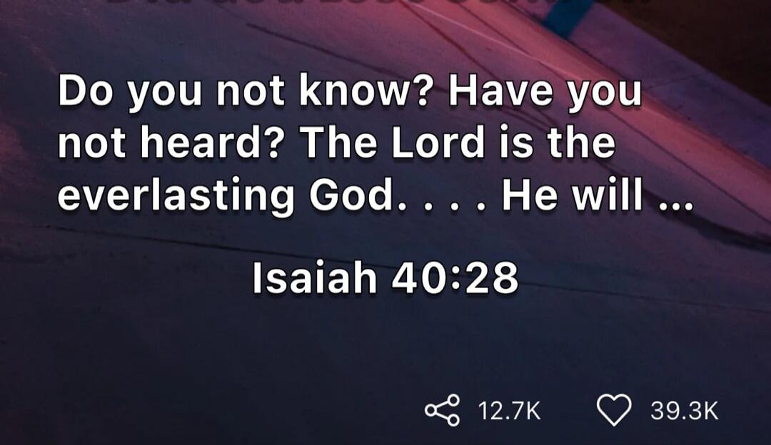 Do you not know? Have you not heard? The Lord is the everlasting God. . . . He will . . . Isaiah 40:28