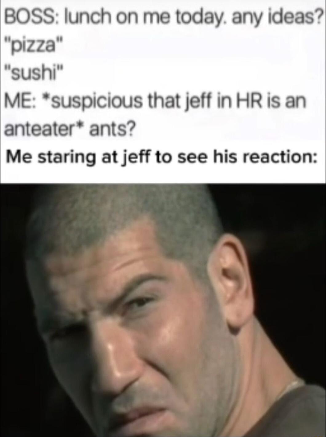 BOSS lunch on me today any ideas pizza sushi ME suspicious that jeff in HR is an anteater ants Me staring at jeff to see his reaction