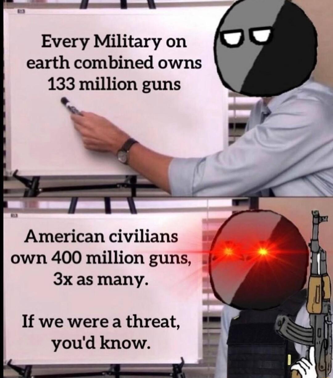 Every Military on earth combined owns 133 million guns American civilians own 400 million guns 3x as many If we were a threat youd know