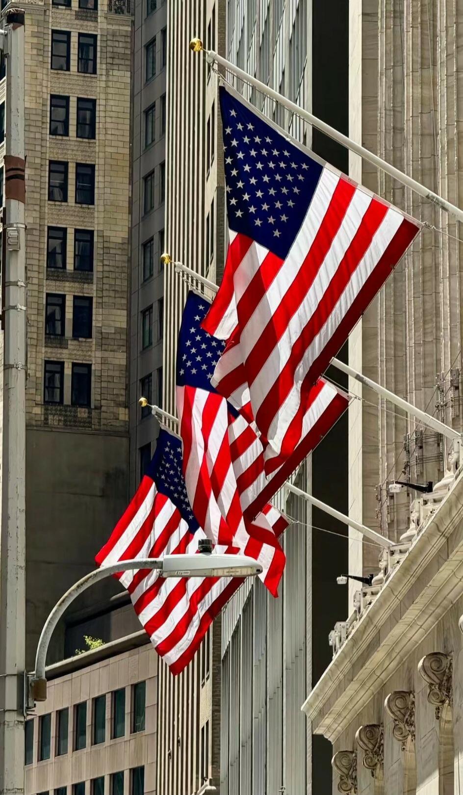 Several American flags hanging from flagpoles along a city street.
