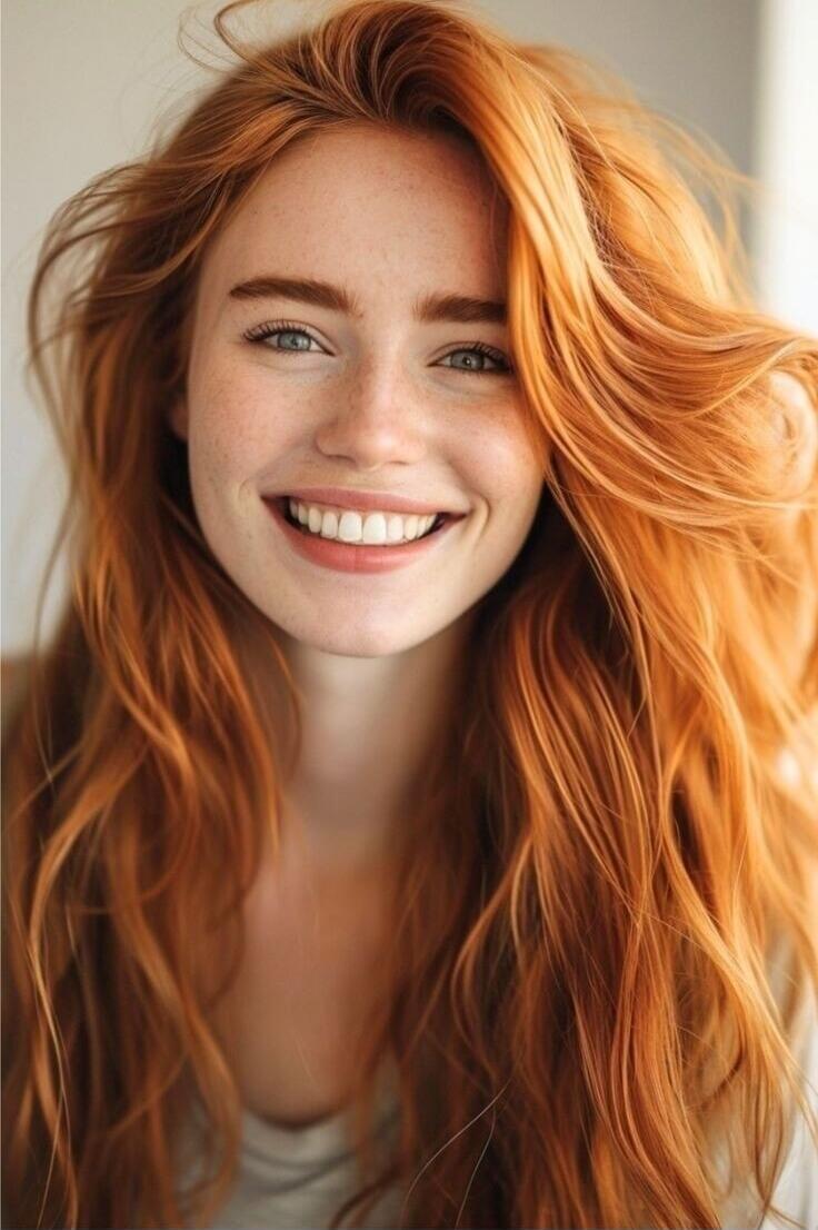A portrait of a young woman with long red hair smiling at the camera.