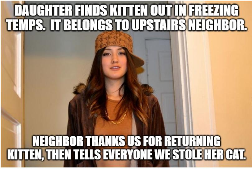 DAUGHTER FINDS KITTEN OUT INFREEZING TEMPS IT BELONGS TO UPSTAIRSNEIGHBOR NEIGHBOR THANKS US FOR RETURNING O R R ETEY 2 T AT T o amm 0 wer 8 U piteesstessssd