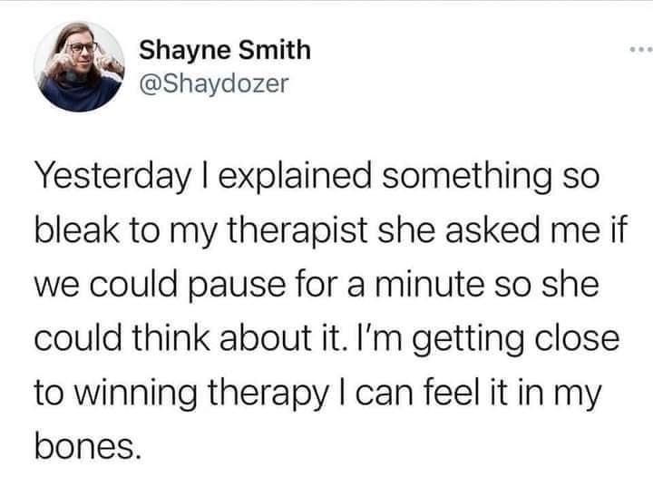 i Shayne Smith Shaydozer Yesterday explained something so bleak to my therapist she asked me if we could pause for a minute so she could think about it Im getting close to winning therapy can feel it in my bones