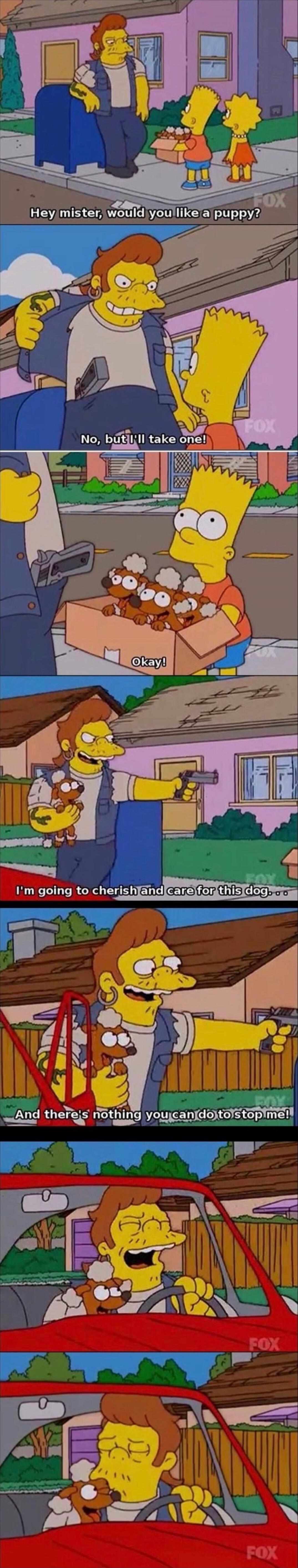 Hey mister, would you like a puppy?
No, but I'll take one!
Okay!
I'm going to cherish and care for this dog...
And there's nothing you can do to stop me!