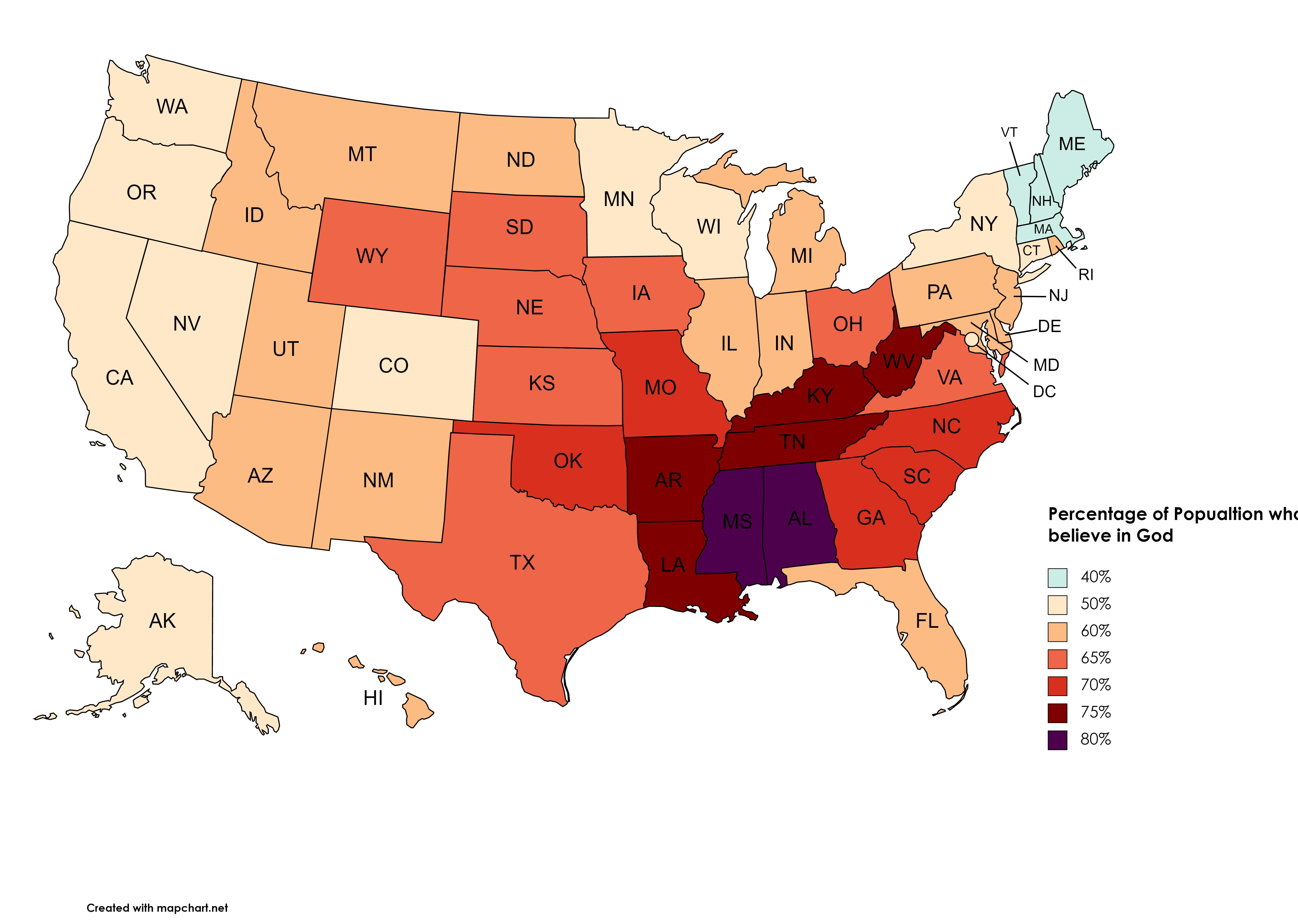 Percentage of Popualtion whe believe in God 40 50 60 65 0 5 80 Created with mapchartnet