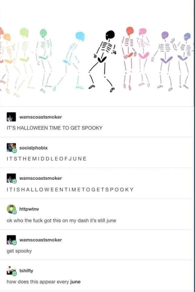 B emscosstamoter ITS HALLOWEEN TIME TO GET SPOOKY n socialphobix ITSTHEMIDDLEOFJUNE ITISHALLOWEENTIMETOGETSPOOKY e httpwtny ok who the fuck got this on my dash its still june BB vmscossamoter get spaoky L tshity how does this appear every june