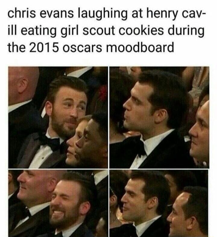 chris evans laughing at henry cavill eating girl scout cookies during the 2015 oscars moodboard