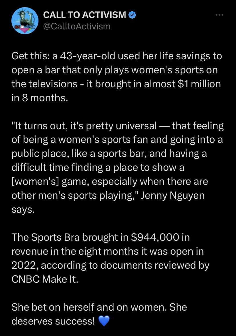 ZXTR P Yoy ISV CalltoActivism Get this a 43 year old used her life savings to open a bar that only plays womens sports on the televisions it brought in almost 1 million LETUTIGEN It turns out its pretty universal that feeling of being a womens sports fan and goinginto a public place like a sports bar and having a difficult time finding a place to show a womens game especially when there are other 