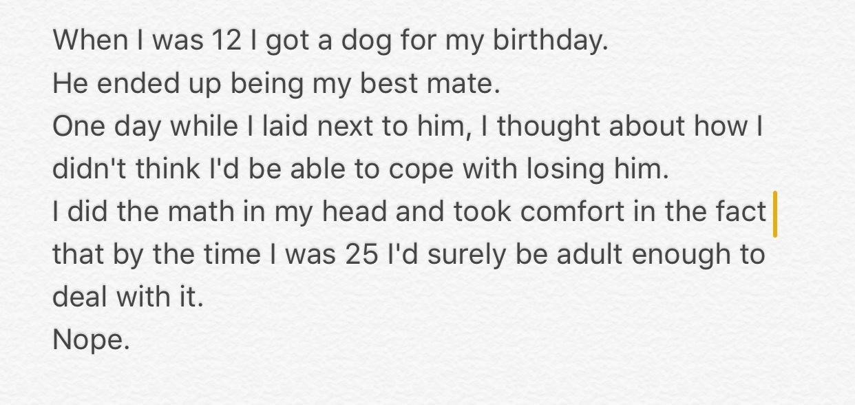 When was 12 got a dog for my birthday He ended up being my best mate One day while laid next to him thought about how didnt think Id be able to cope with losing him I did the math in my head and took comfort in the fact that by the time was 25 Id surely be adult enough to deal with it Nope