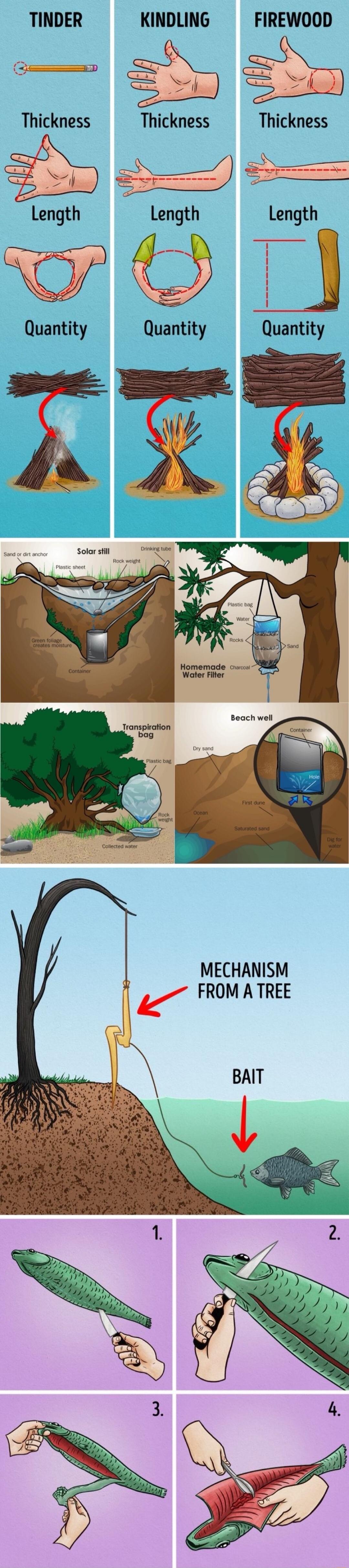 TINDER
Thickness
Length
Quantity
KINDLING
Thickness
Length
Quantity
FIREWOOD
Thickness
Length
Quantity
Sand or dirt anchor
Solar still
Plastic sheet
Rock weight
Homemade Water Filter
Transpiration bag
Beach well
Mechanism from a tree
BAIT
1.
2.
3.
4.