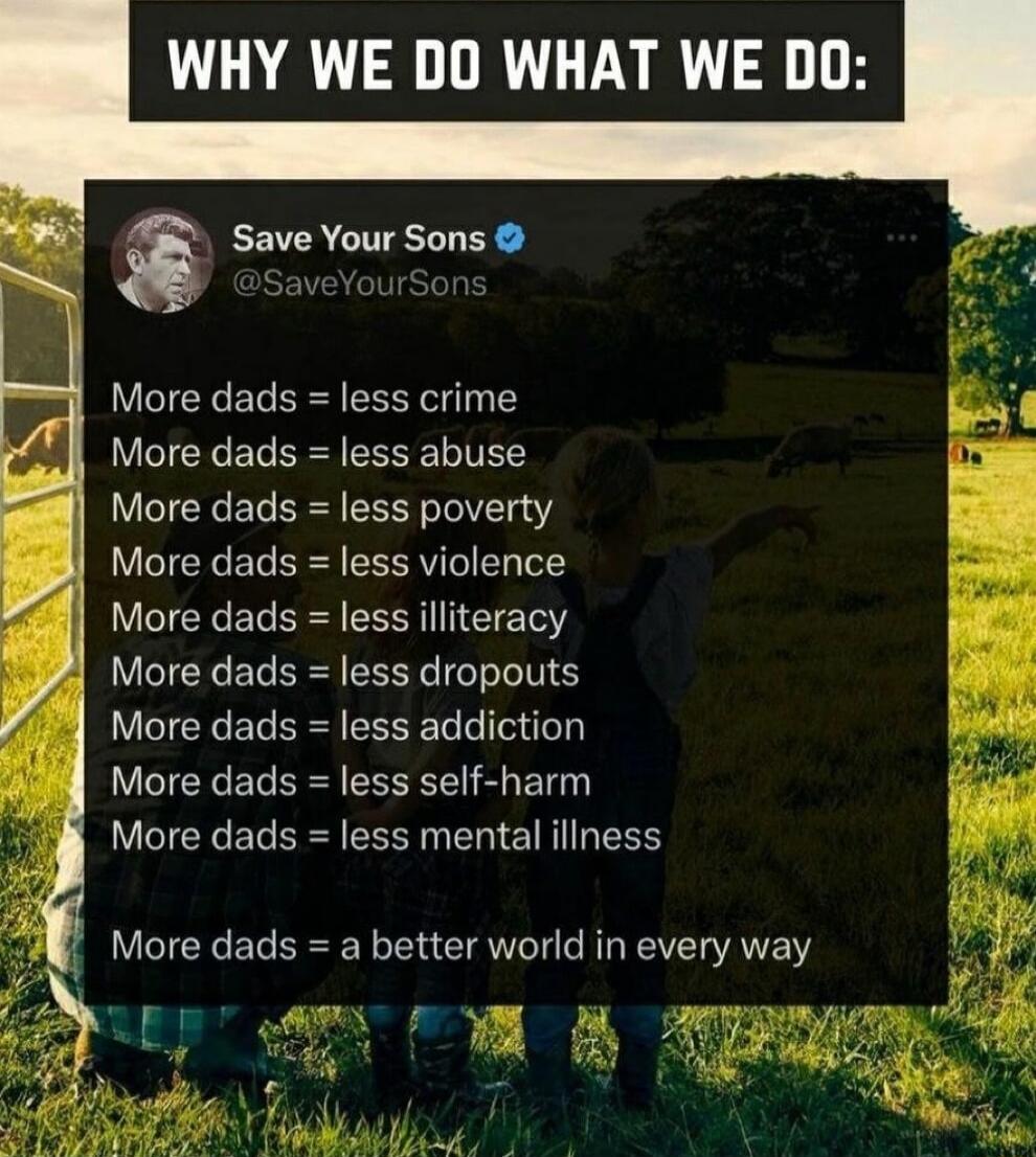 WHY WE DO WHAT WE DO Save Your Sons More dads less crime More dads less abuse More dads less poverty More dads less violence More dads less illiteracy More dads less dropouts More dads less addiction More dads less self harm BUCIEEELER RSN ELIETHEES