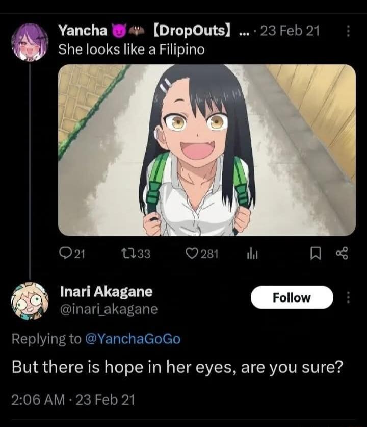 Yancha DropOuts 23 Feb 21 She looks like a Filipino A LELPVETEL Y Replying to Yanc But there is hope in her eyes are you sure 206 AM 23 Feb 21