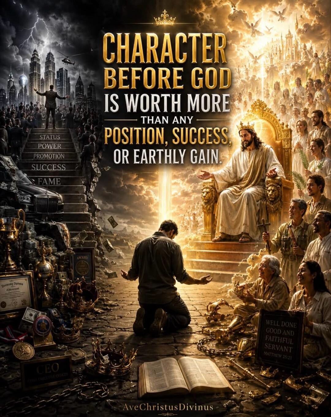 CHARACTER BEFORE GOD IS WORTH MORE THAN ANY POSITION, SUCCESS, OR EARTHLY GAIN. STATUS POWER PROMOTION SUCCESS FAME. UNIVERSITY DIPLOMA ACHIEVEMENT. AWARD. CEO CHIEF EXECUTIVE OFFICER. WELL DONE GOOD AND FAITHFUL SERVANT MATTHEW 25:21. AveChristusDivinus.