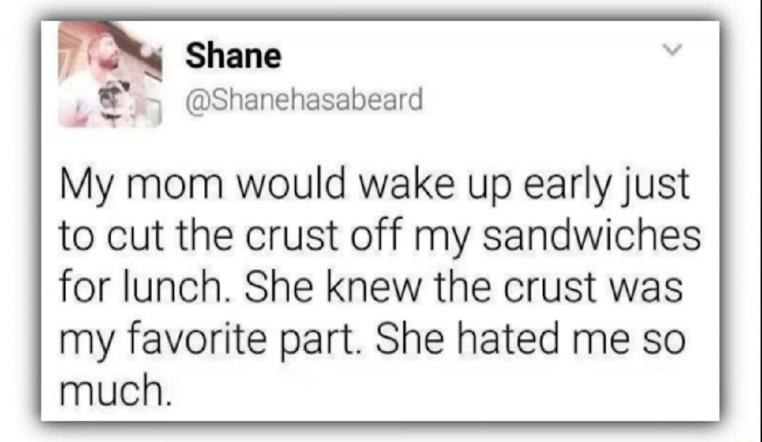 Shane @Shanehasabeard My mom would wake up early just to cut the crust off my sandwiches for lunch. She knew the crust was my favorite part. She hated me so much.