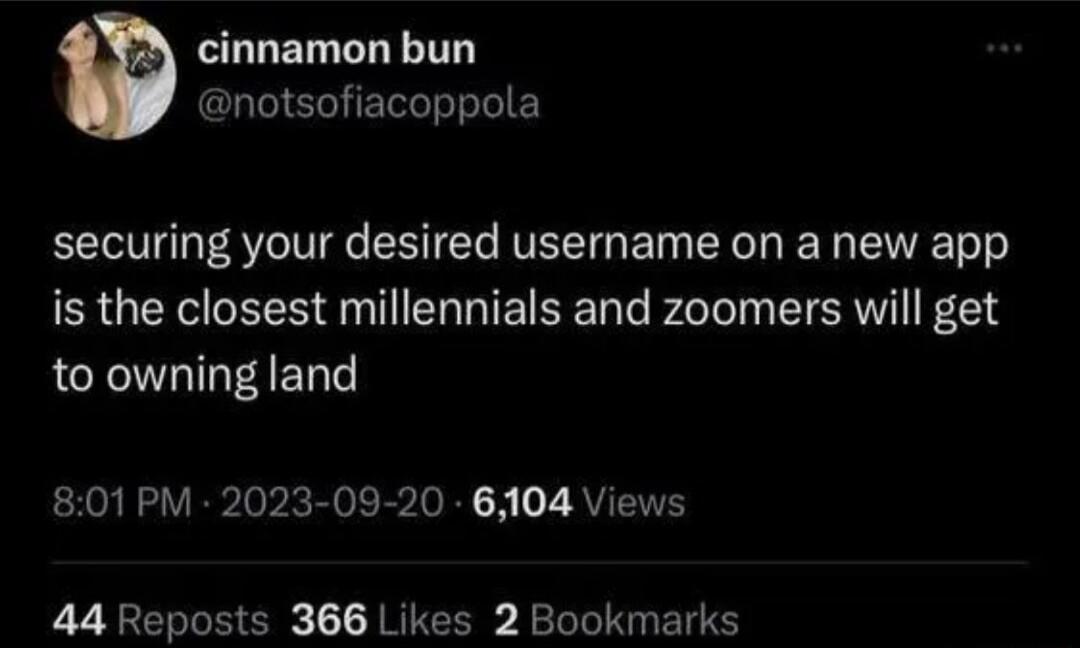cinnamon bun CLIELHERGT LI E securing your desired username on a new app is the closest millennials and zoomers will get to owning land 801PM 2023 09 20 6104 Views 44 Reposts 366 Likes 2 Bookmarks