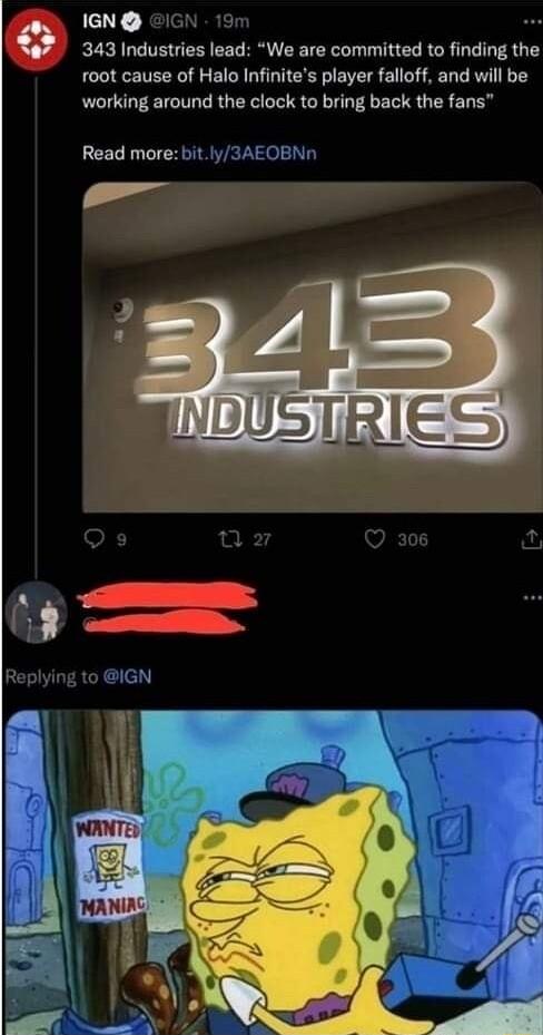 IGN 343 Industries lead We are committed to finding the root cause of Halo Infinites player falloff and will be working around the clock to bring back the fans Read more bit