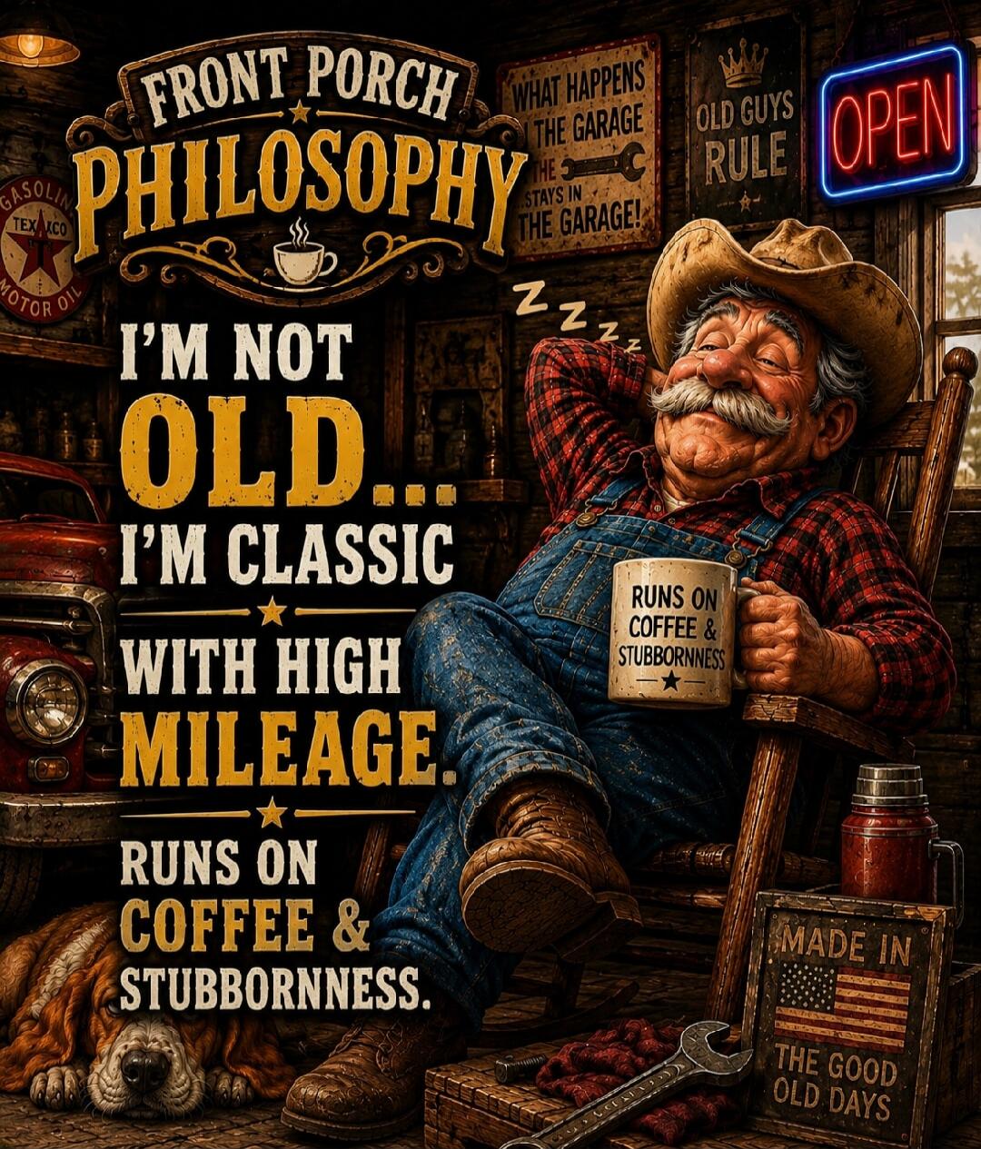 FRONT PORCH PHILOSOPHY. I'M NOT OLD... I'M CLASSIC WITH HIGH MILEAGE. RUNS ON COFFEE & STUBBORNNESS. WHAT HAPPENS IN THE GARAGE STAYS IN THE GARAGE! OLD GUYS RULE. OPEN. GASOLINE TEXACO MOTOR OIL. MADE IN THE GOOD OLD DAYS.