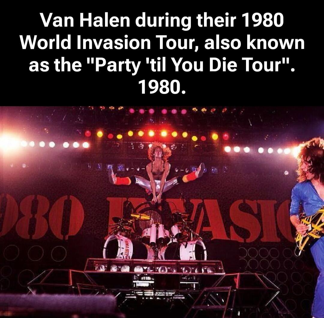 Van Halen during their 1980 World Invasion Tour, also known as the 'Party 'til You Die Tour'. 1980.
