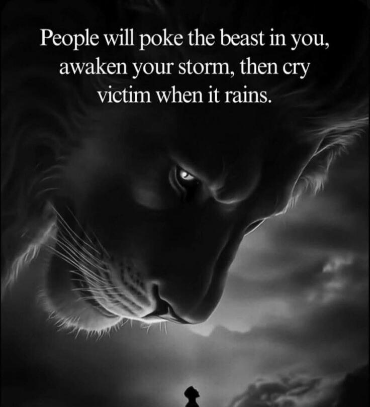 People will poke the beast in you, awaken your storm, then cry victim when it rains.
