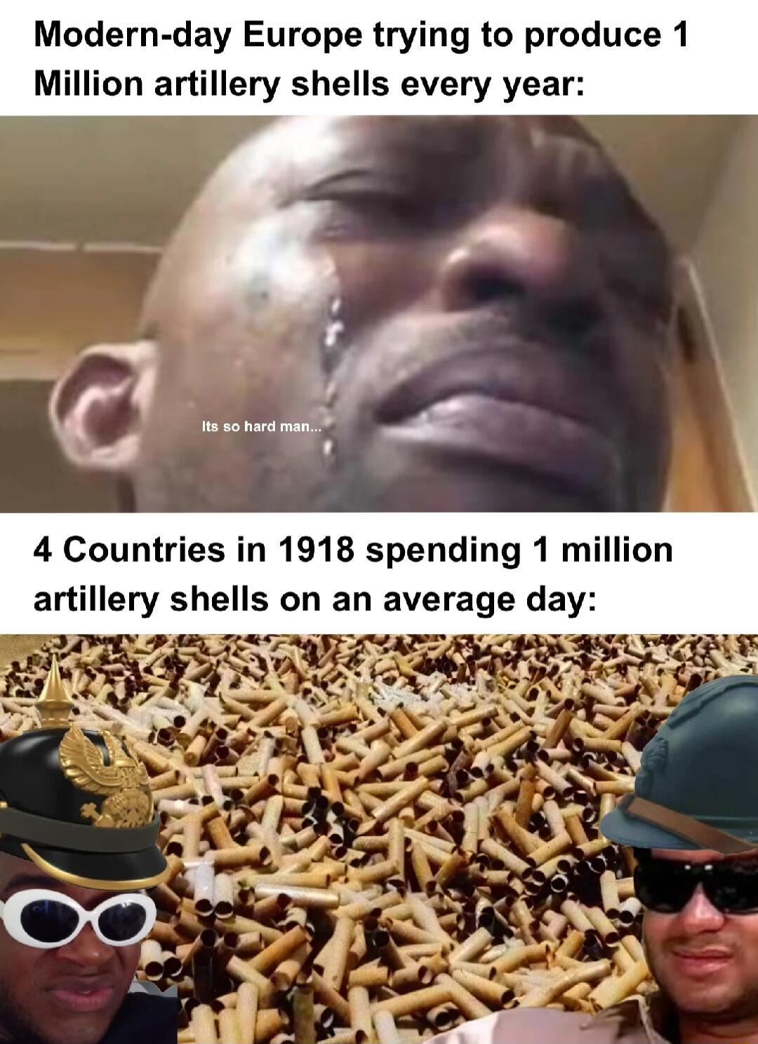 Modern day Europe trying to produce 1 Million artillery shells every year 4 Countries in 1918 spending 1 artillery shells on an average day 2 0y 9 7