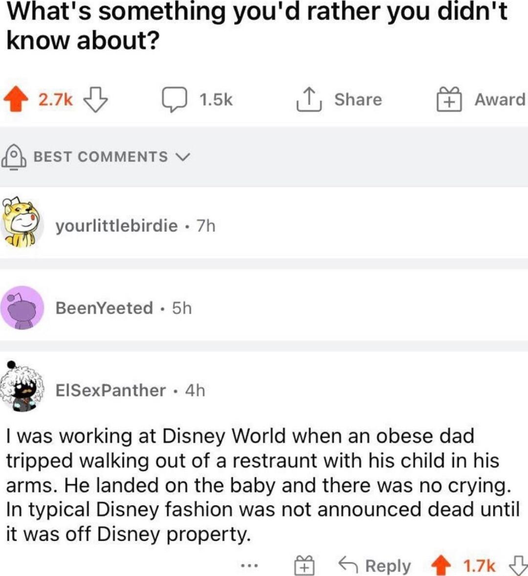 Whats something youd rather you didnt know about a2 Dask 1 share 0 eesT coMMENTS yourlittlebirdie 7h Beenveeted 5h g ElSexPanther 4h Award was working at Disney World when an obese dad tripped walking out of a restraunt with his child in his arms He landed on the baby and there was no crying In typical Disney fashion was not announced dead until it was off Disney property S Reply 17k b