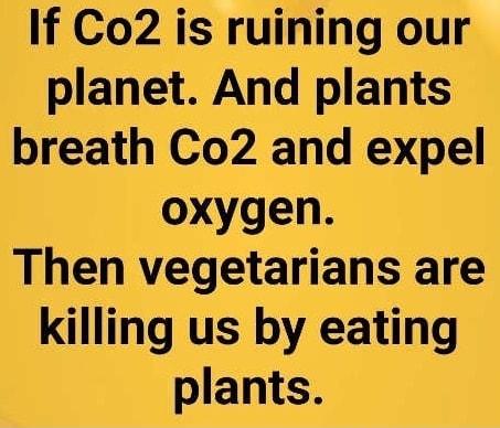 If Co2 is ruining our planet And plants breath Co2 and expel oxygen Then vegetarians are killing us by eating plants