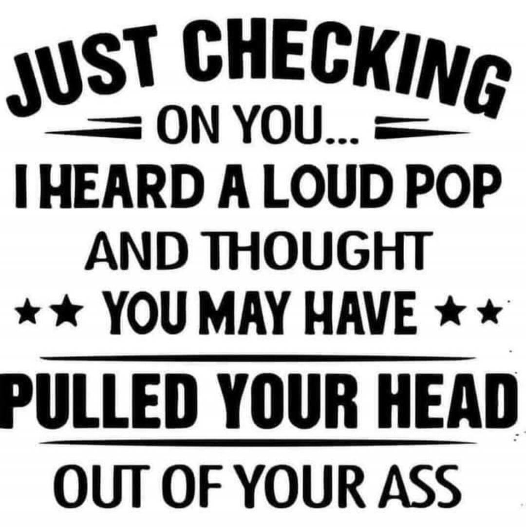 JUST CHECKING ON YOU... I HEARD A LOUD POP AND THOUGHT YOU MAY HAVE PULLED YOUR HEAD OUT OF YOUR ASS