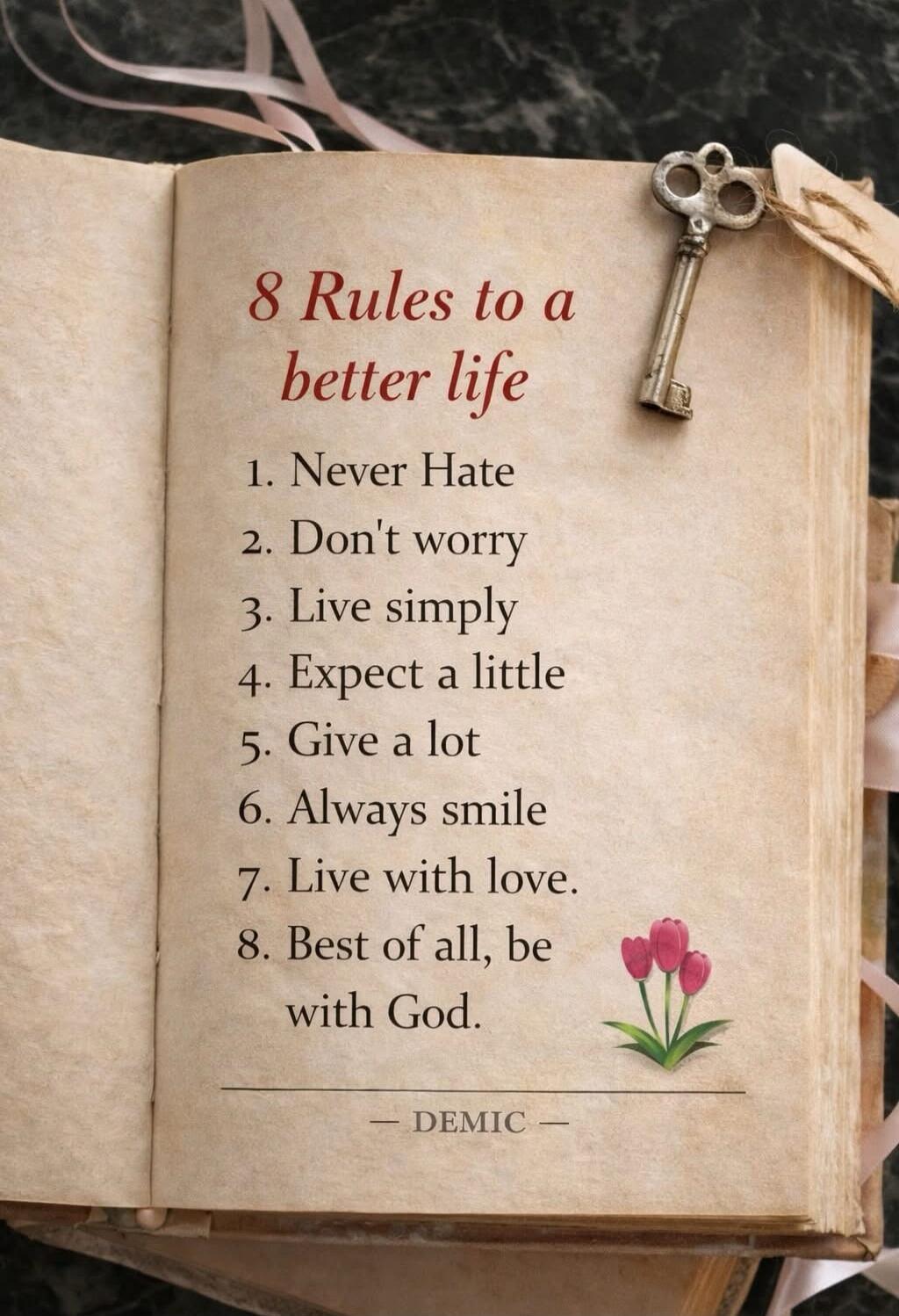 8 Rules to a better life

1. Never Hate
2. Don't worry
3. Live simply
4. Expect a little
5. Give a lot
6. Always smile
7. Live with love.
8. Best of all, be with God.

— DEMIC —