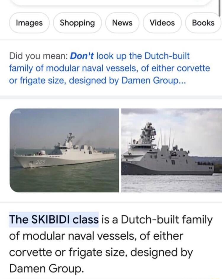 Images Shopping News Videos Books Did you mean Dont look up the Dutch built family of modular naval vessels of either corvette or frigate size designed by Damen Group The SKIBIDI class is a Dutch built family of modular naval vessels of either corvette or frigate size designed by Damen Group