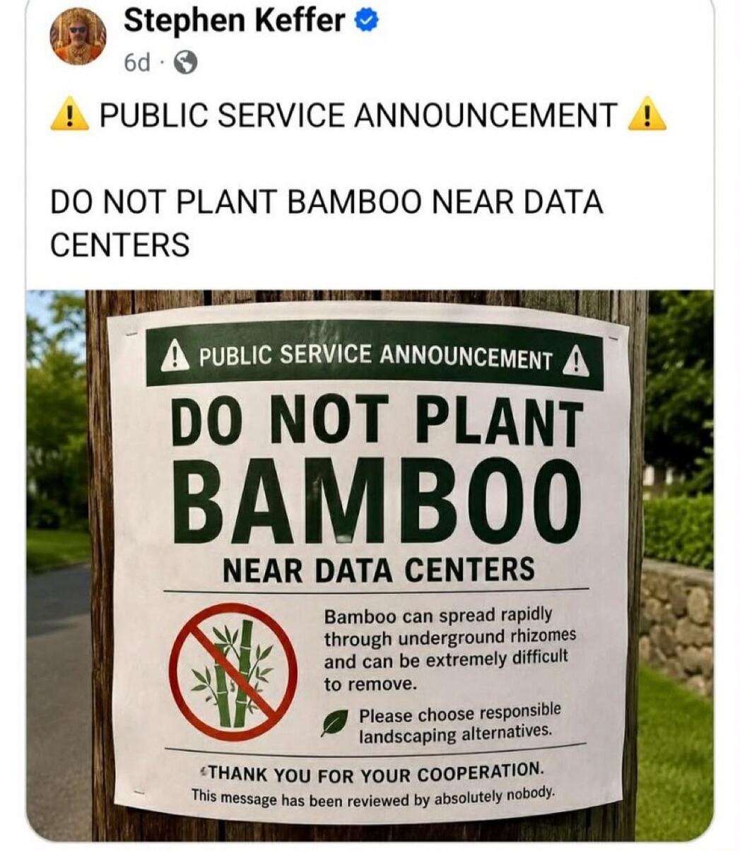 PUBLIC SERVICE ANNOUNCEMENT. DO NOT PLANT BAMBOO NEAR DATA CENTERS. Bamboo can spread rapidly through underground rhizomes and can be extremely difficult to remove. Please choose responsible landscaping alternatives. THANK YOU FOR YOUR COOPERATION. This message has been reviewed by absolutely nobody.