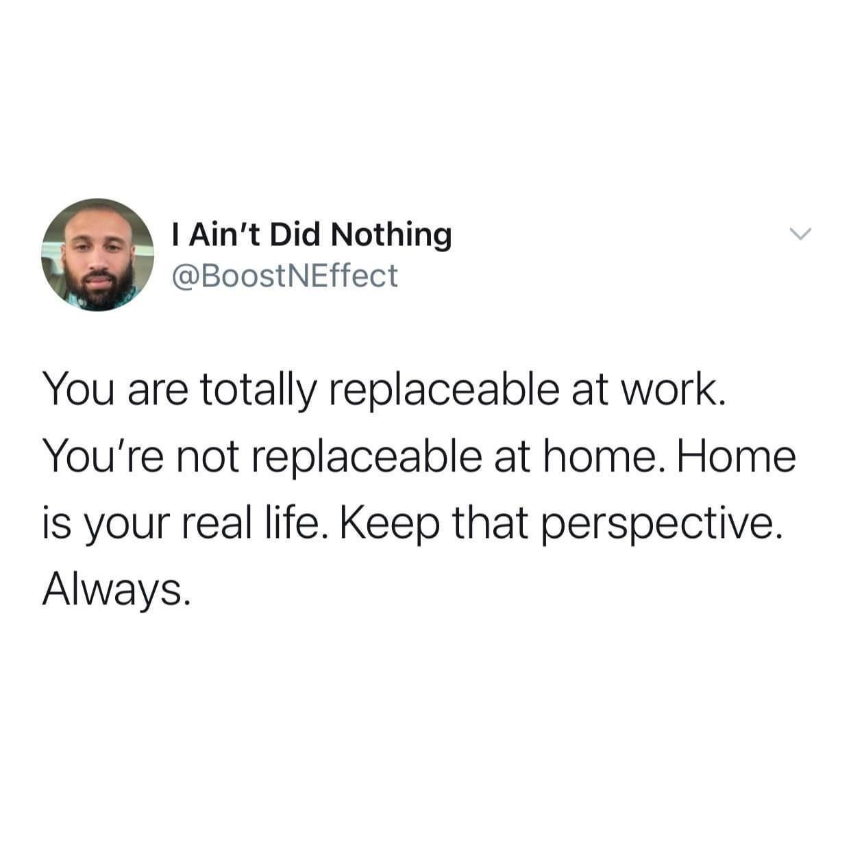 Aint Did Nothing BoostNEffect You are totally replaceable at work Youre not replaceable at home Home is your real life Keep that perspective Always