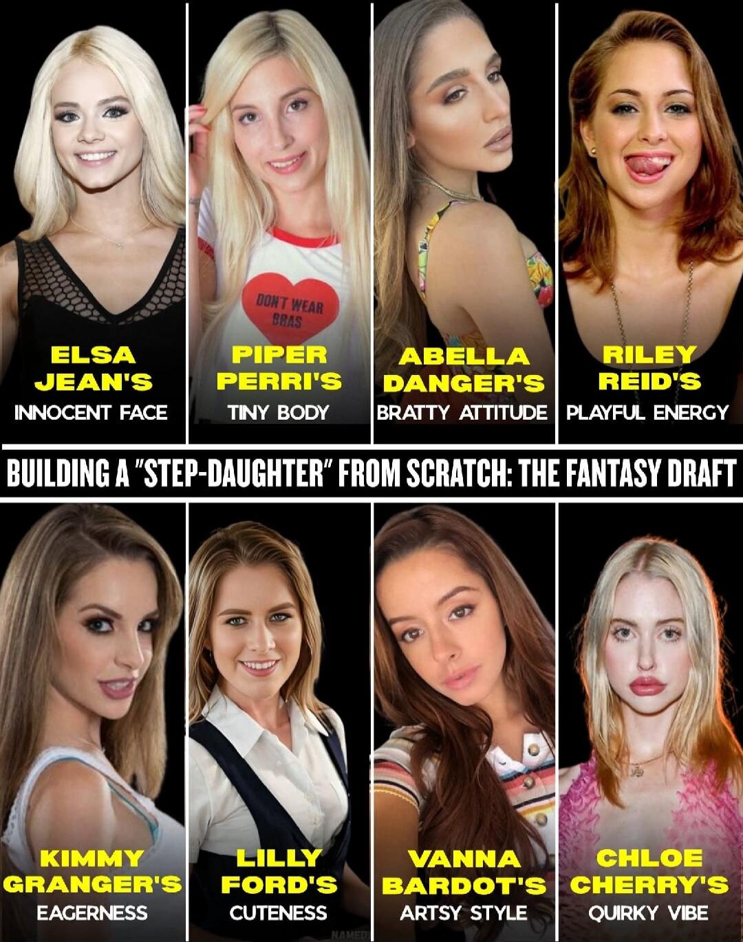 ELSA JEAN'S INNOCENT FACE
PIPER PERRI'S TINY BODY
ABella DANGER'S BRATTY ATTITUDE
RILEY REID'S PLAYFUL ENERGY
KIMMY GRANGER'S EAGERNESS
LILLY FORD'S CUTENESS
VANNA BARDOT'S ARTSY STYLE
CHLOE CHERRY'S QUIRKY VIBE
BUILDING A 