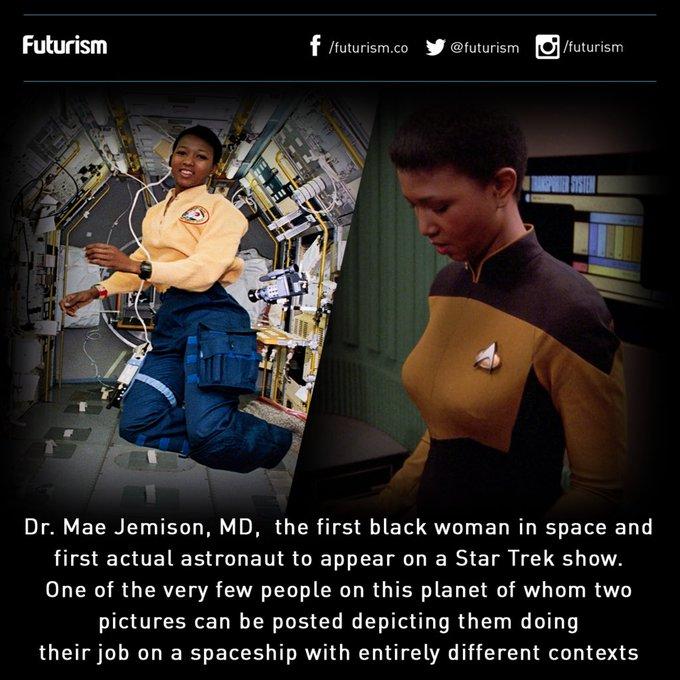 Futurism f ruwrismco W nuturism fruturism Dr Mae Jemison MD the first black woman in space and first actual astronaut to appear on a Star Trek show One of the very few people on this planet of whom two pictures can be posted depicting them doing their job on a spaceship with entirely different contexts