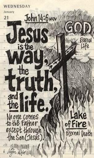 WEDNESDAY January 21 John 14:6 NKJV Jesus is the way, the truth, and the life. No one comes to the Father except through the Son (Jesus). GOD Eternal Life Lake of Fire Eternal Death