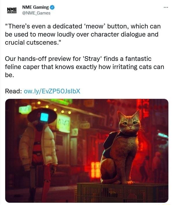 NME Ganing BE oue came Theres even a dedicated meow button which can be used to meow loudly over character dialogue and crucial cutscenes Our hands off preview for Stray finds a fantastic feline caper that knows exactly how irritating cats can be Read owlyEvZP50JsIbX