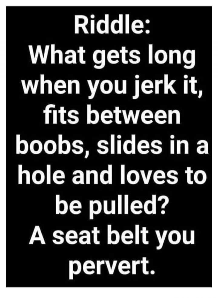 Riddle: What gets long when you jerk it, fits between boobs, slides in a hole and loves to be pulled? A seat belt you pervert.