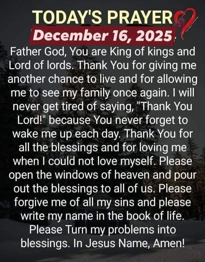TODAY'S PRAYER
December 16, 2025
Father God, You are King of kings and Lord of lords. Thank You for giving me another chance to live and for allowing me to see my family once again. I will never get tired of saying, 