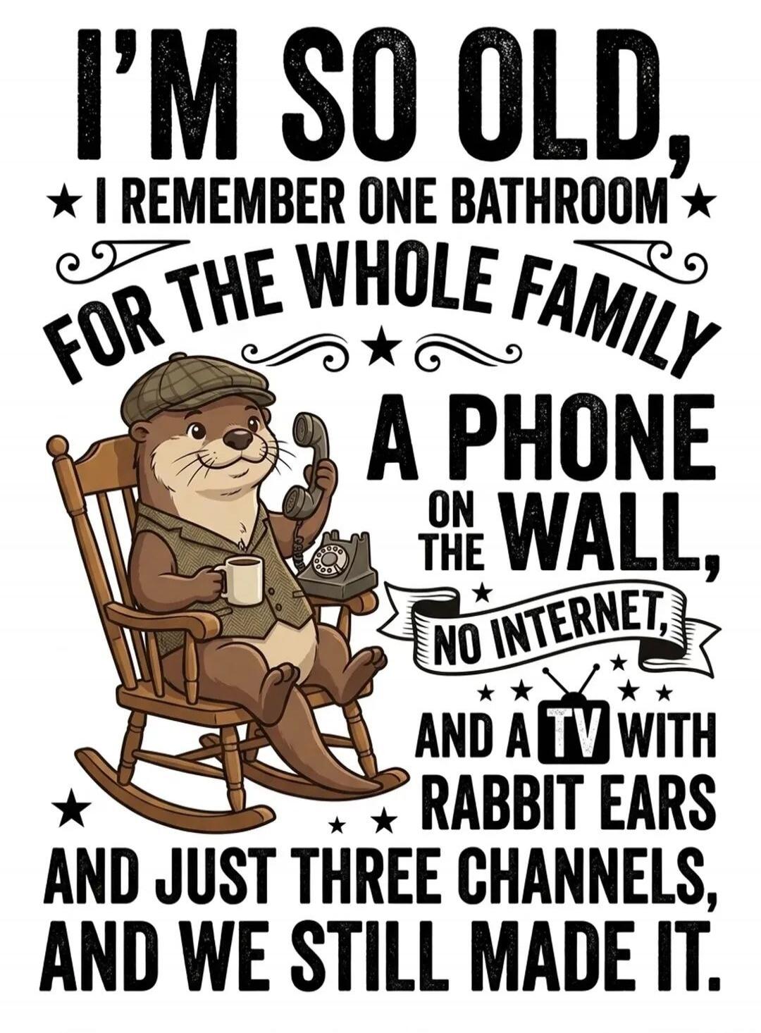 I'M SO OLD, I REMEMBER ONE BATHROOM FOR THE WHOLE FAMILY, A PHONE ON THE WALL, NO INTERNET, AND A TV WITH RABBIT EARS AND JUST THREE CHANNELS, AND WE STILL MADE IT.