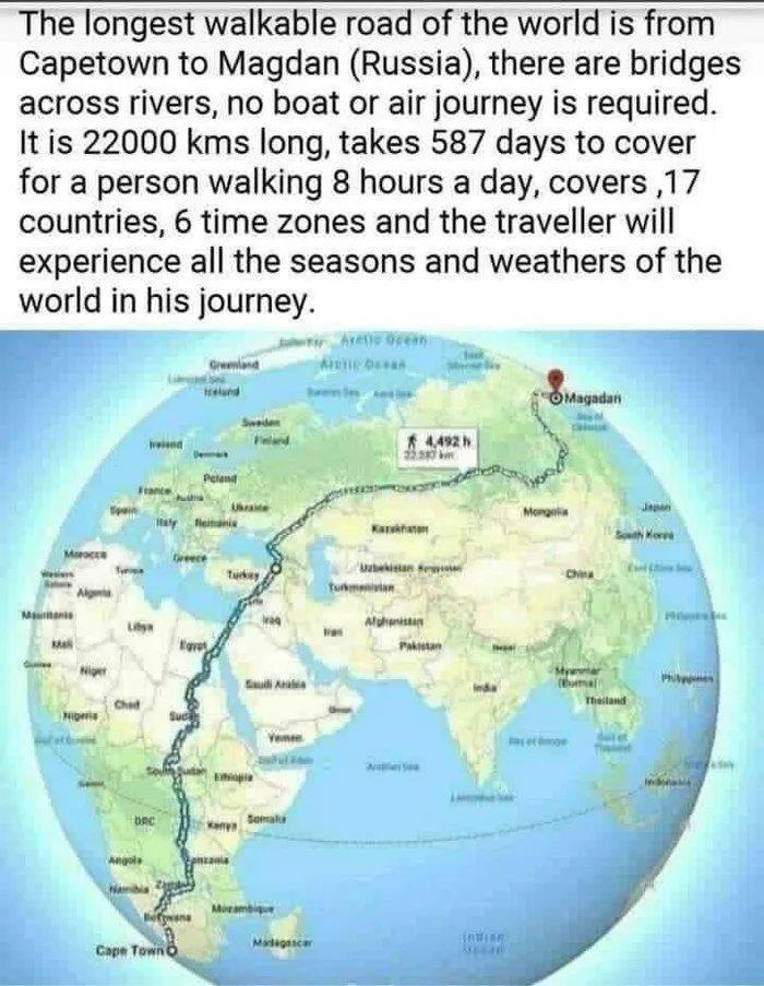 The longest walkable road of the world is from Capetown to Magdan Russia there are bridges across rivers no boat or air journey is required It is 22000 kms long takes 587 days to cover for a person walking 8 hours a day covers 17 countries 6 time zones and the traveller will experience all the seasons and weathers of the world in his journey ot A i o P L m t o A e v futinn b