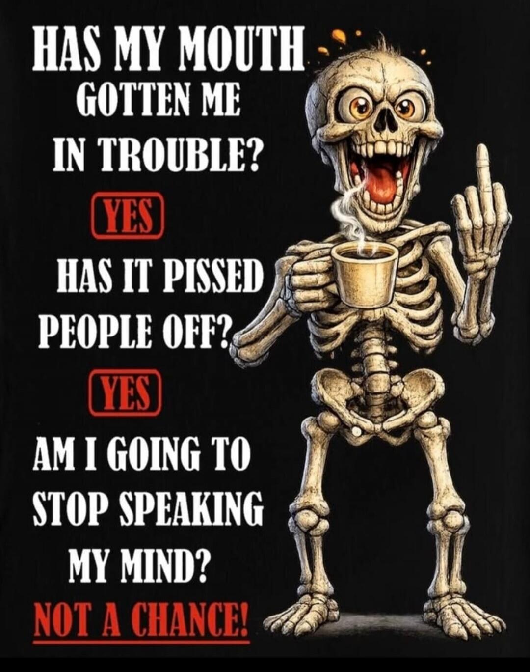 HAS MY MOUTH GOTTEN ME IN TROUBLE? YES HAS IT PISSED PEOPLE OFF? YES AM I GOING TO STOP SPEAKING MY MIND? NOT A CHANCE!