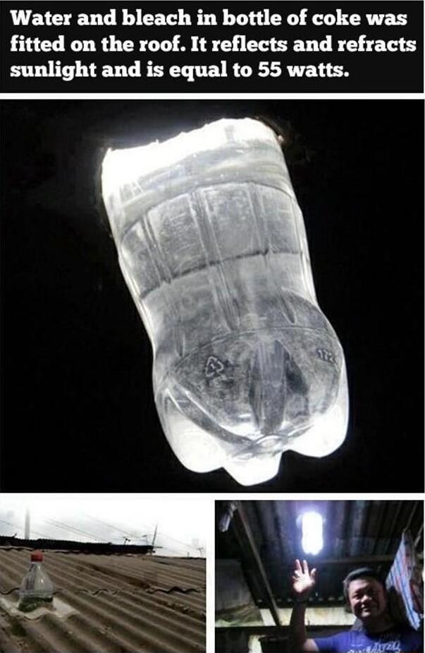 Water and bleach in bottle of coke was fitted on the roof It reflects and refracts sunlight and is equal to 55 watts