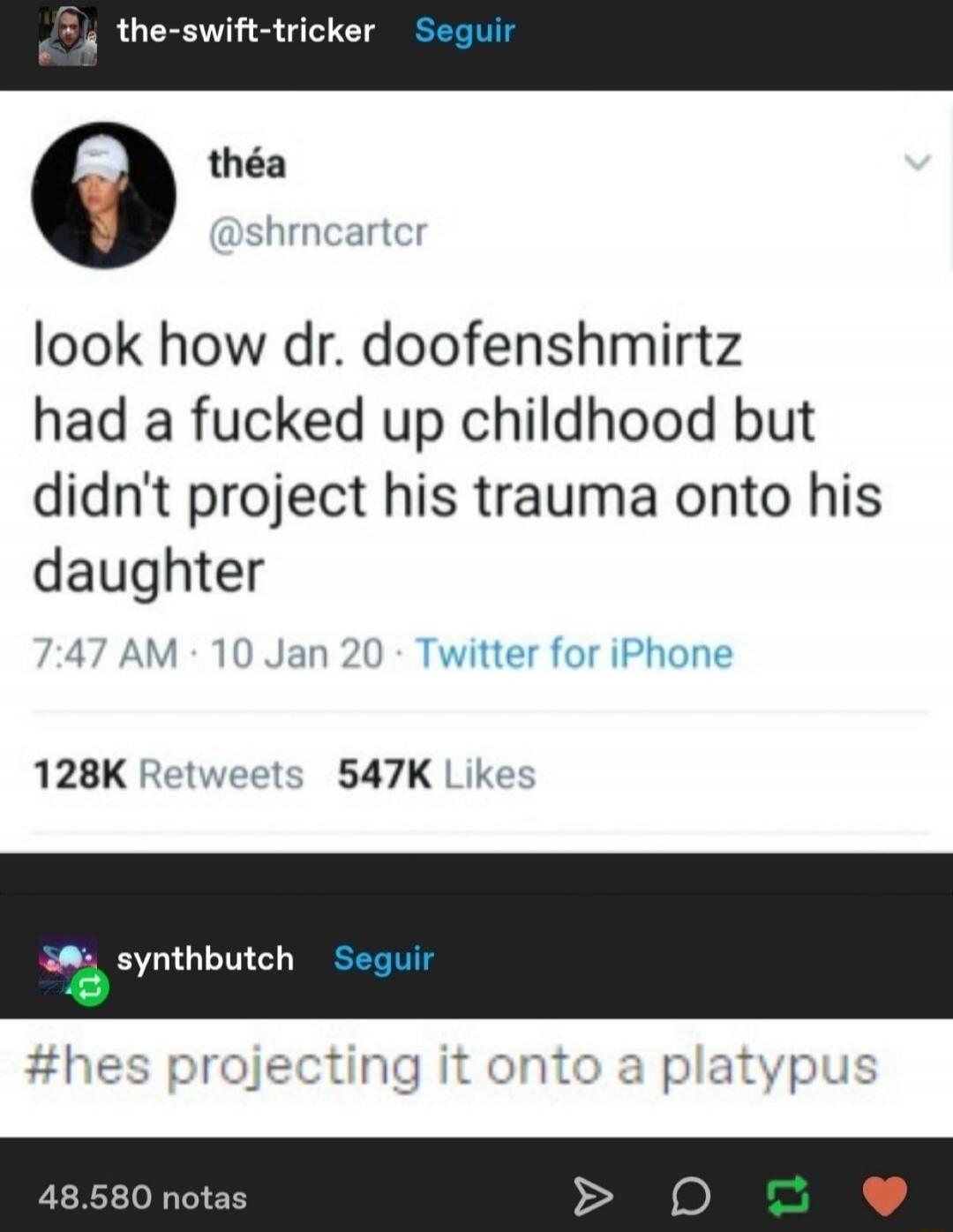 look how dr. doofenshmirtz had a fucked up childhood but didn't project his trauma onto his daughter #hes projecting it onto a platypus