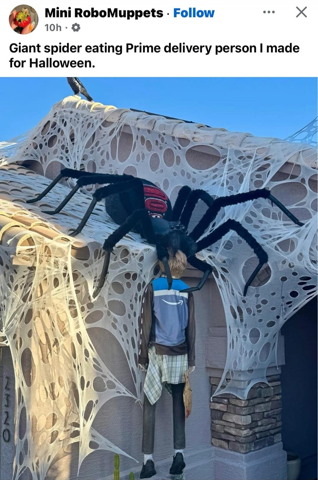 Mini RoboMuppets • Follow
10h
Giant spider eating Prime delivery person I made for Halloween.