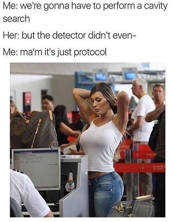 Me: we're gonna have to perform a cavity search Her: but the detector didn't even- Me: ma'm it's just protocol