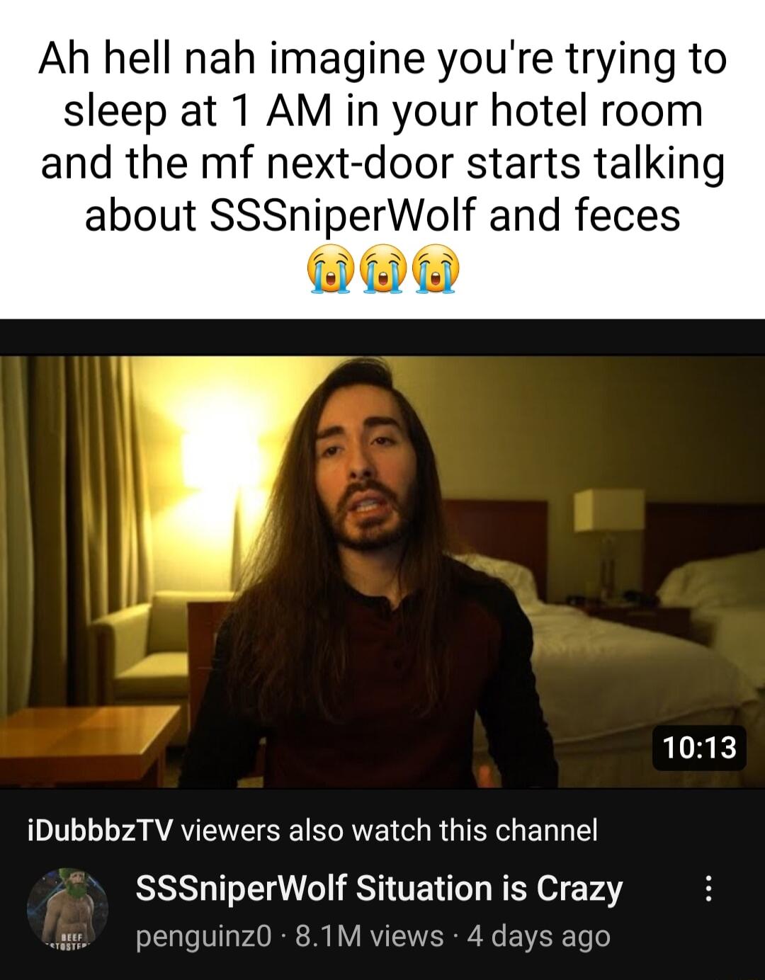 Ah hell nah imagine youre trying to sleep at T AM in your hotel room and the mf next door starts talking about SSSniperWolf and feces 151515 LRE iDubbbzTV viewers also watch this channel SSSniperWolf Situation is Crazy penguinz0 81M views 4 days ago