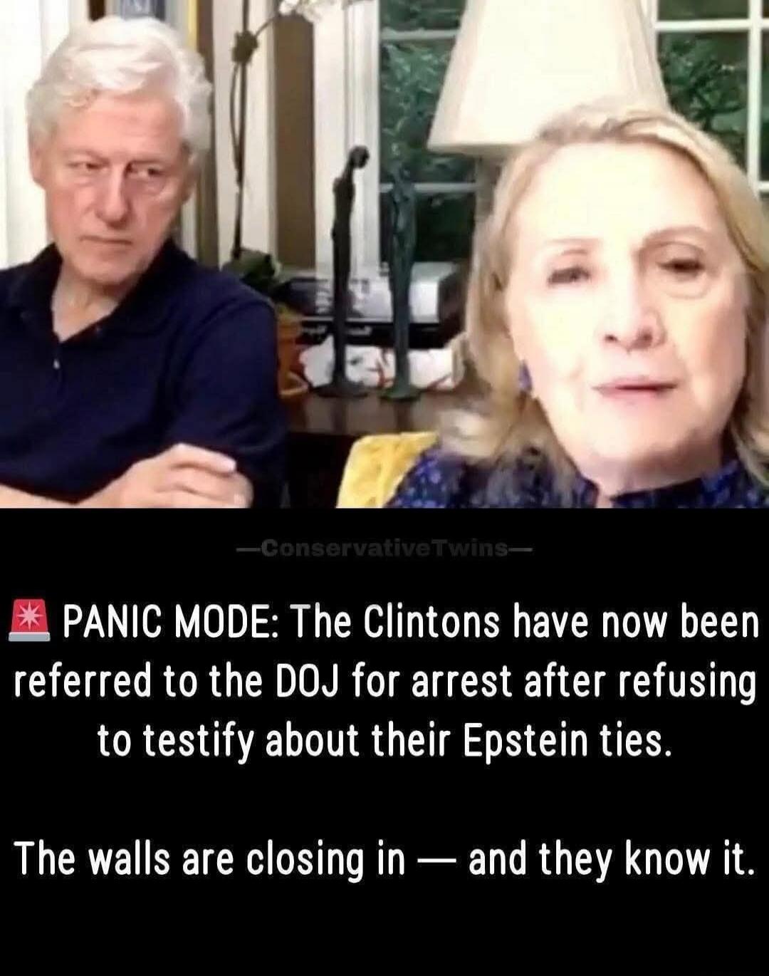 PANIC MODE: The Clintons have now been referred to the DOJ for arrest after refusing to testify about their Epstein ties. The walls are closing in — and they know it.
