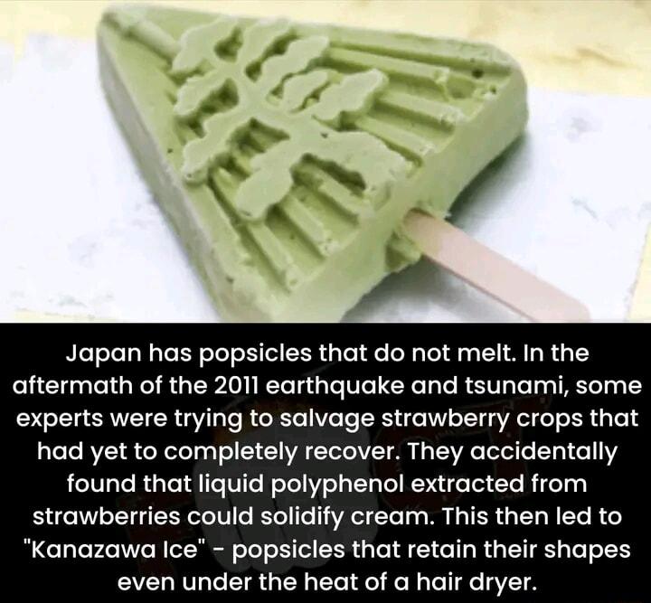 Japan has popsicles that do not melt In the aftermath of the 2011 earthquake and tsunami some experts were trying to salvage strawberry crops that had yet to completely recover They accidentally found that liquid polyphenol extracted from strawberries could solidify cream This then led to Kanazawa Ice popsicles that retain their shapes even under the heat of a hair dryer